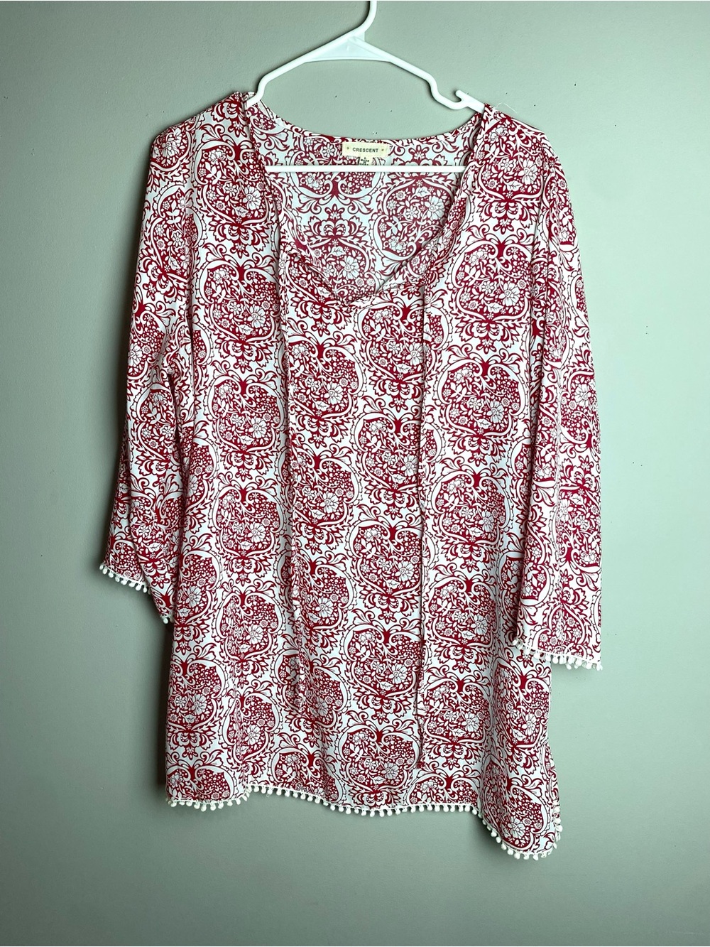 Crescent Red and White Printed Pom-Trim Tunic